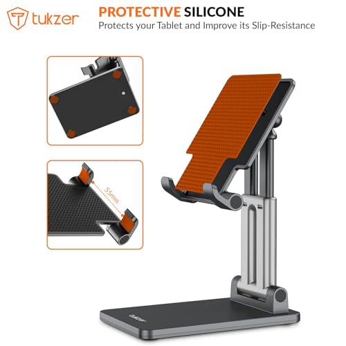 Tukzer Universal Tablet Tabletop Stand Mobile Holder| Dual Poles Heavy Base Aluminum, Foldable, Multi-Angle Height Adjustable Stand for iPad Tablets Smartphones E-Book Readers Up to 15.6 inc Jet Black - Image 4