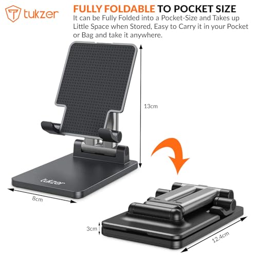 Tukzer Universal Tablet Tabletop Stand Mobile Holder| Dual Poles Heavy Base Aluminum, Foldable, Multi-Angle Height Adjustable Stand for iPad Tablets Smartphones E-Book Readers Up to 15.6 inc Jet Black - Image 5