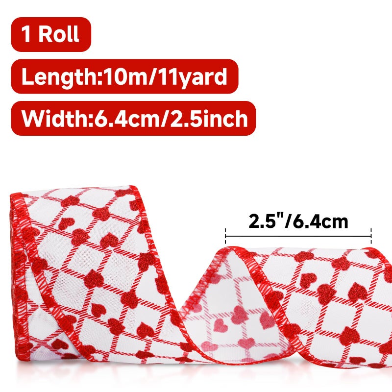 Anwyll Valentines Day Wired Ribbon 11Yard 2-1/2Inch Glitter Red Heart Ribbon Burlap Happy Valentines Day Wired Edge Ribbons for Crafts Gift Wrapping Wreath Galentines Valentines Mothers Day Decoration - Image 2