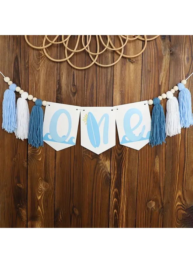 لافتة عيد الميلاد الأول باللون الأزرق الداكن والأبيض والأزرق الفاتح مع شرائط وأمواج المحيط زخرفة - Image 2