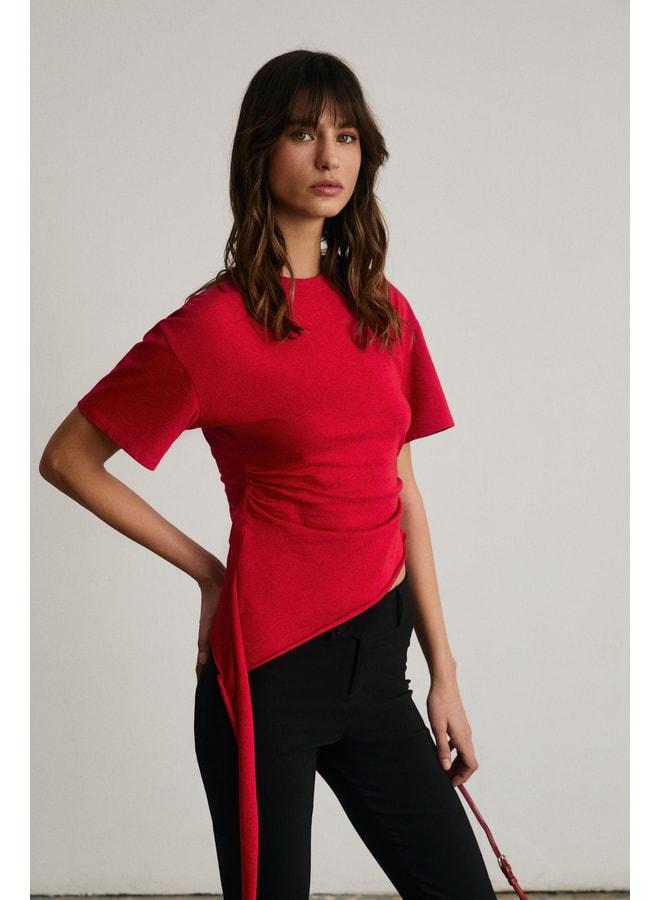 GRIMELANGE SOREV Women's waist-fitting soft fabric round-collar asymmetrical cut short-sleeve red blouse. - Image 1