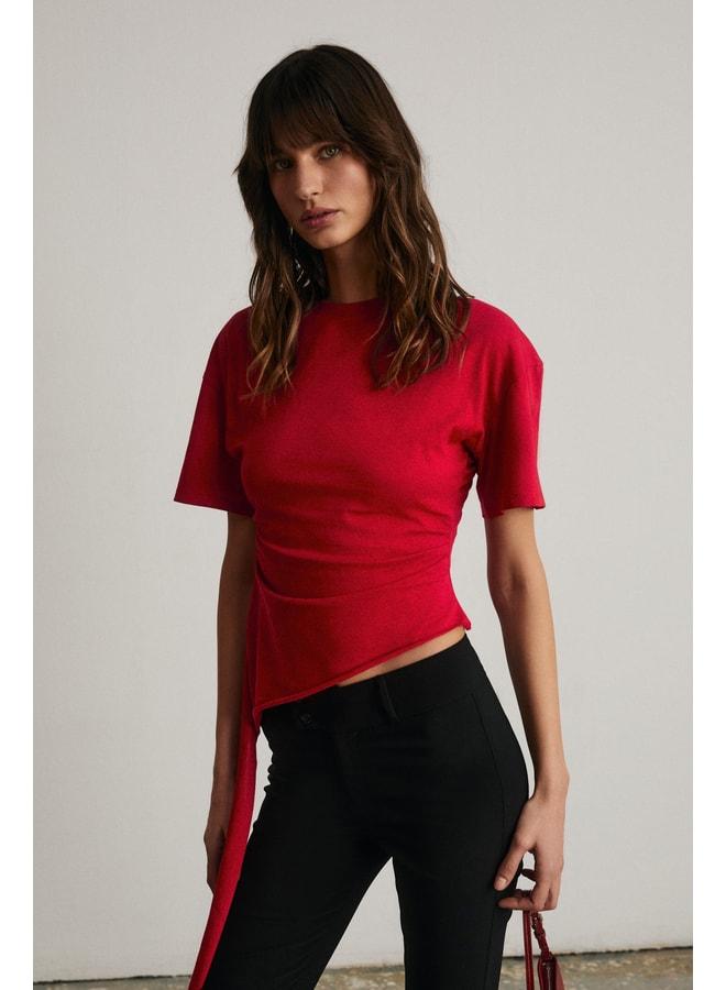 GRIMELANGE SOREV Women's waist-fitting soft fabric round-collar asymmetrical cut short-sleeve red blouse. - Image 3
