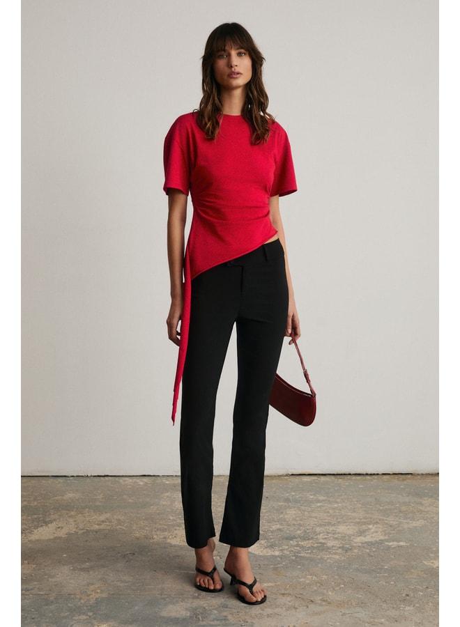 GRIMELANGE SOREV Women's waist-fitting soft fabric round-collar asymmetrical cut short-sleeve red blouse. - Image 2