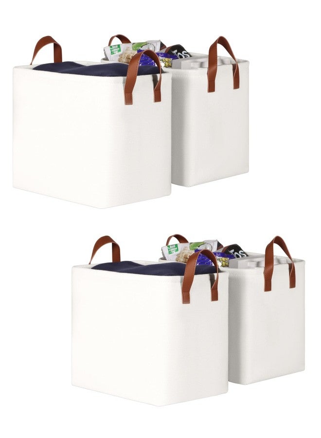 KEEGH Storage Baskets for Organizing, Fabric Storage Bins with Leather Handles, Shelf Baskets for Closet Organization, 15" L x 11" W x 10" H, White, 4 Pack - Image 1