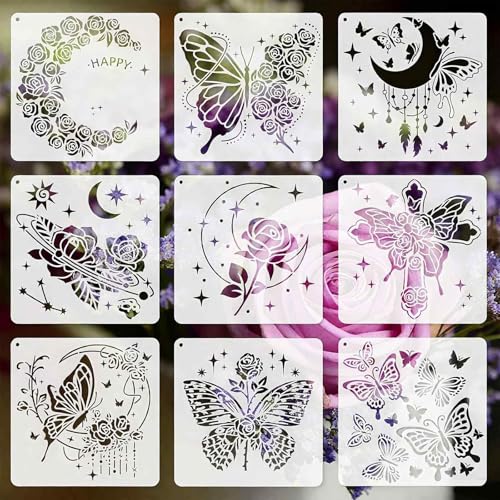 FFZDENA 9PCS Stencils for Craft and Art, Flower Stencils for Wall Painting, Reusable Painting Stencils for Fabric, Wall, Home Decor, DIY Projects, 20x20cm - Image 1