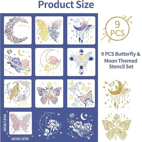 FFZDENA 9PCS Stencils for Craft and Art, Flower Stencils for Wall Painting, Reusable Painting Stencils for Fabric, Wall, Home Decor, DIY Projects, 20x20cm - Image 2