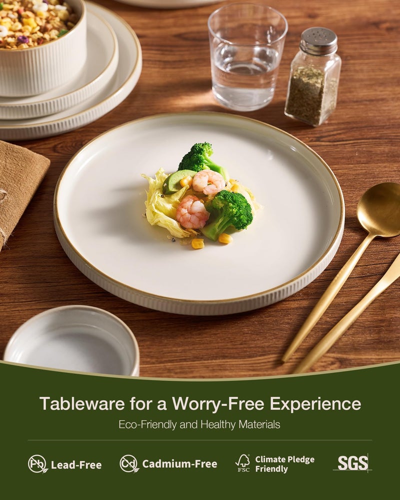 famiware Star Dinnerware Set, Plates and Bowls Sets for 4 (12pcs), Ribbed Stoneware Dishes - Chip & Scratch Resistant, Microwave & Dishwasher Safe Tableware, White - Image 4