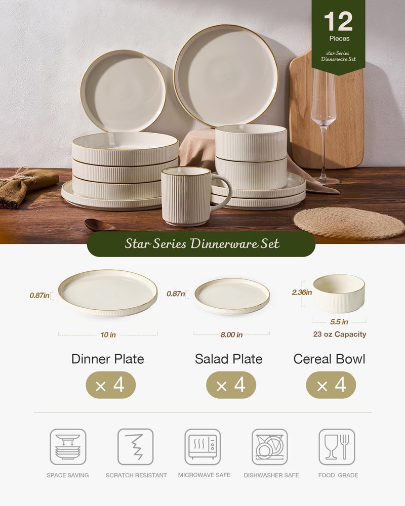 famiware Star Dinnerware Set, Plates and Bowls Sets for 4 (12pcs), Ribbed Stoneware Dishes - Chip & Scratch Resistant, Microwave & Dishwasher Safe Tableware, White - Image 3