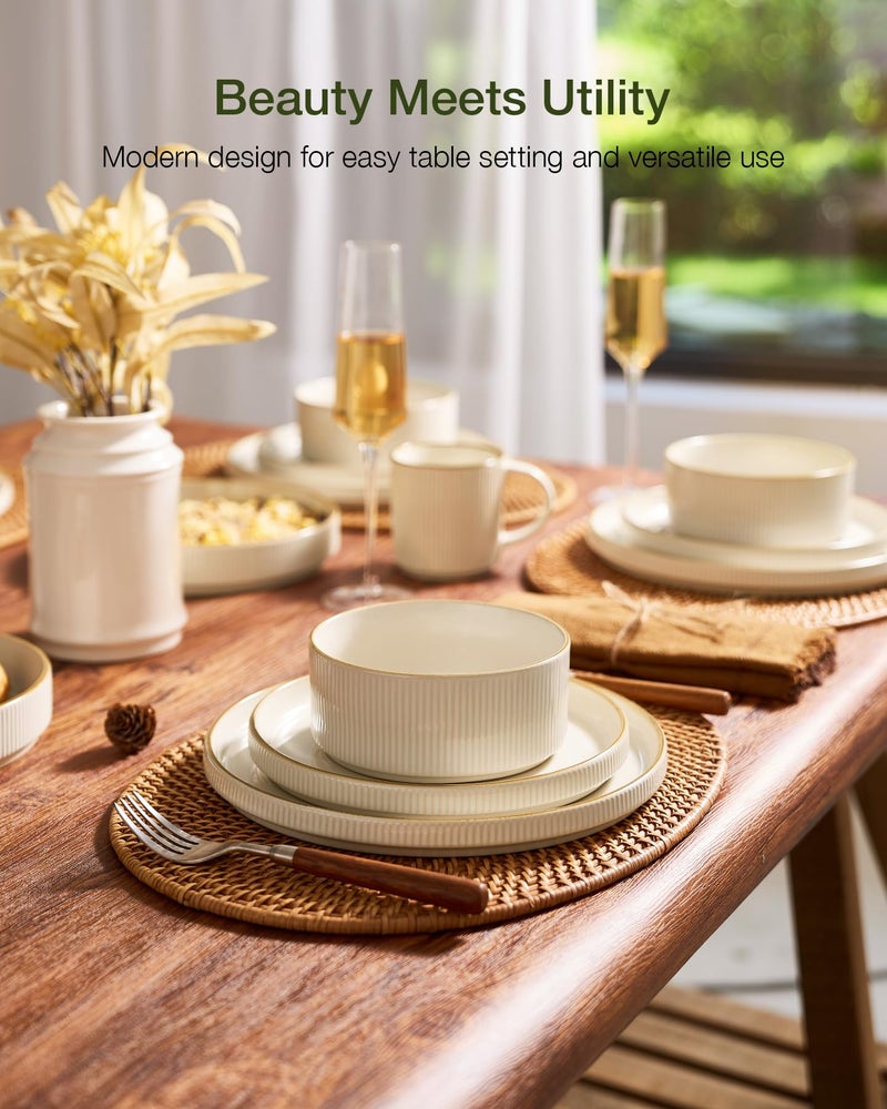 famiware Star Dinnerware Set, Plates and Bowls Sets for 4 (12pcs), Ribbed Stoneware Dishes - Chip & Scratch Resistant, Microwave & Dishwasher Safe Tableware, White - Image 2