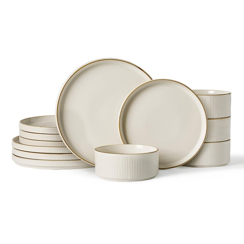 famiware Star Dinnerware Set, Plates and Bowls Sets for 4 (12pcs), Ribbed Stoneware Dishes - Chip & Scratch Resistant, Microwave & Dishwasher Safe Tableware, White - Image 1