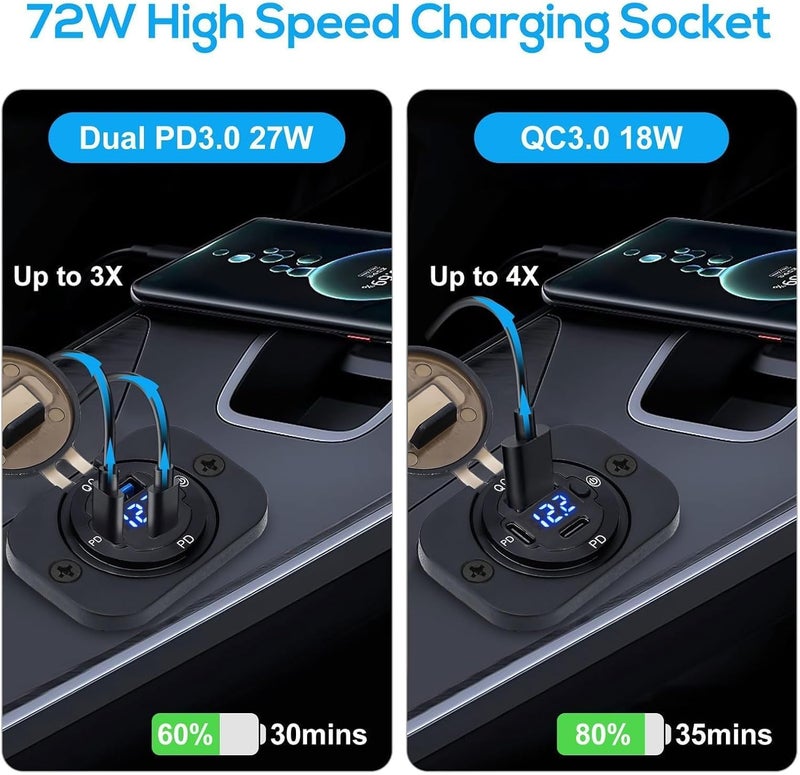 لينك ستايل مقبس شاحن USB للسيارة من ، 72 واط QC3.0 وشاحن USB C مزدوج PD مع مفتاح فولتميتر LED للمركبات 12V - Image 2