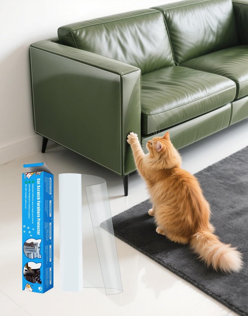 PJT Cat Scratch Furniture Protector, 200"x16" Clear Couch Protector from Cat Claws for Leather Furniture, Thickened Anti-Scratch Adhesive Roll, Cuttable, Residue-Free, No Pins - Image 1