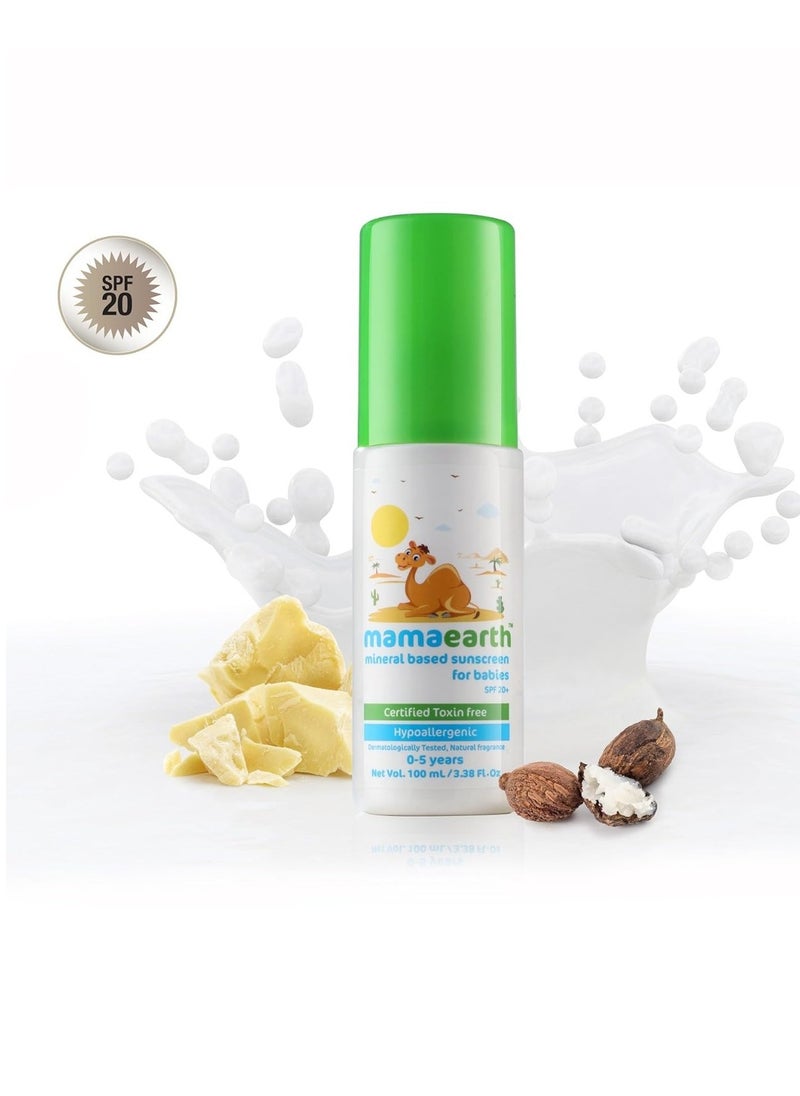 Mamaearth - Mineral Based Sunscreen For Babies 100 Ml  Infused With Aloe Vera Shea  Cocoa Butter Spf 20+ Protects From Harmful Sun Rays Deeply Nourishing Soothes Skin Sensitive - Image 1