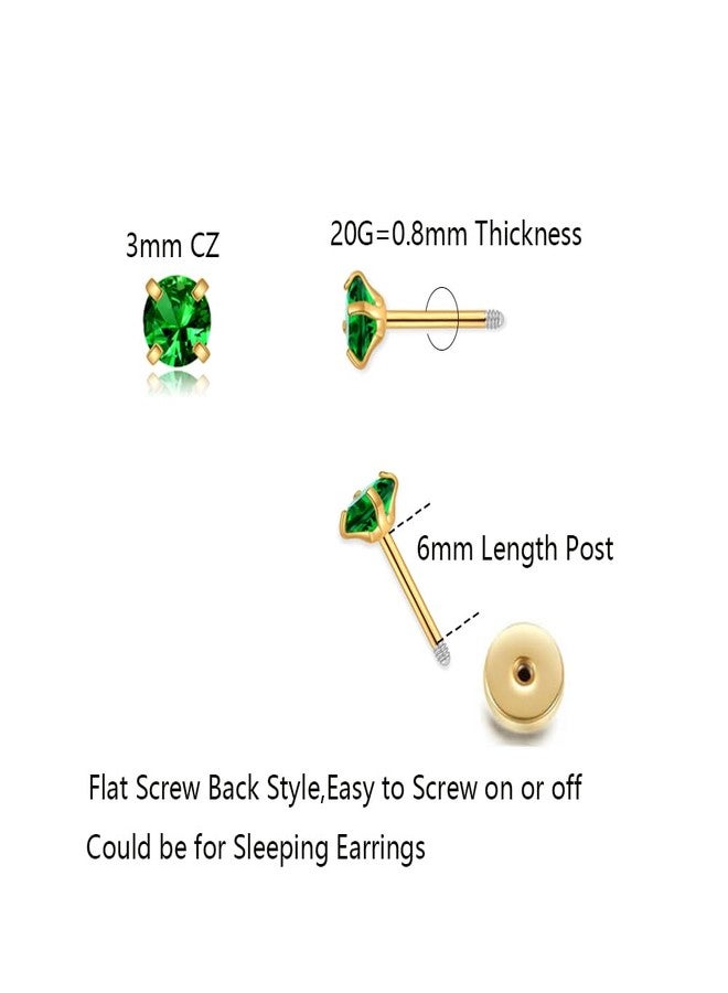 Renkovte Small CZ Stud Flatback Earrings for Women,Dainty Flat Screw Back Cartilage Earring Stud,Helix Conch Tragus Piercing Jewelry,Tiny Cubic Zirconia Studs Hypoallergenic (3mm Gold, Green CZ) - Image 2