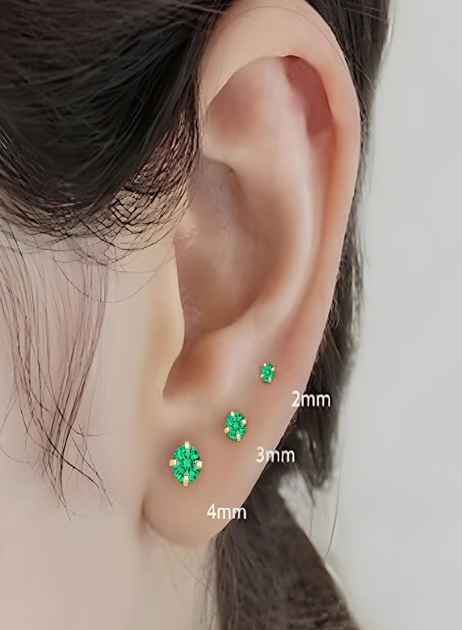Renkovte Small CZ Stud Flatback Earrings for Women,Dainty Flat Screw Back Cartilage Earring Stud,Helix Conch Tragus Piercing Jewelry,Tiny Cubic Zirconia Studs Hypoallergenic (3mm Gold, Green CZ) - Image 4
