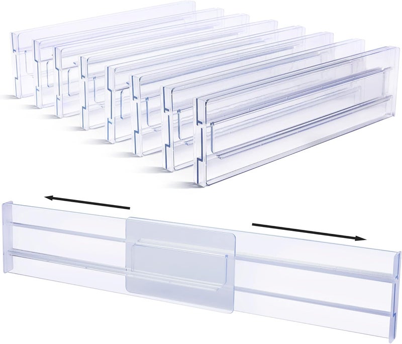 8 Pack Drawer Dividers Organizers, 8cm High,31cm-54.4cm Adjustable Expandable Drawer Organizer, Clear Plastic Separators for Clothing, Underwear, Cosmetic,Installed by Double Sided Tape - Image 1