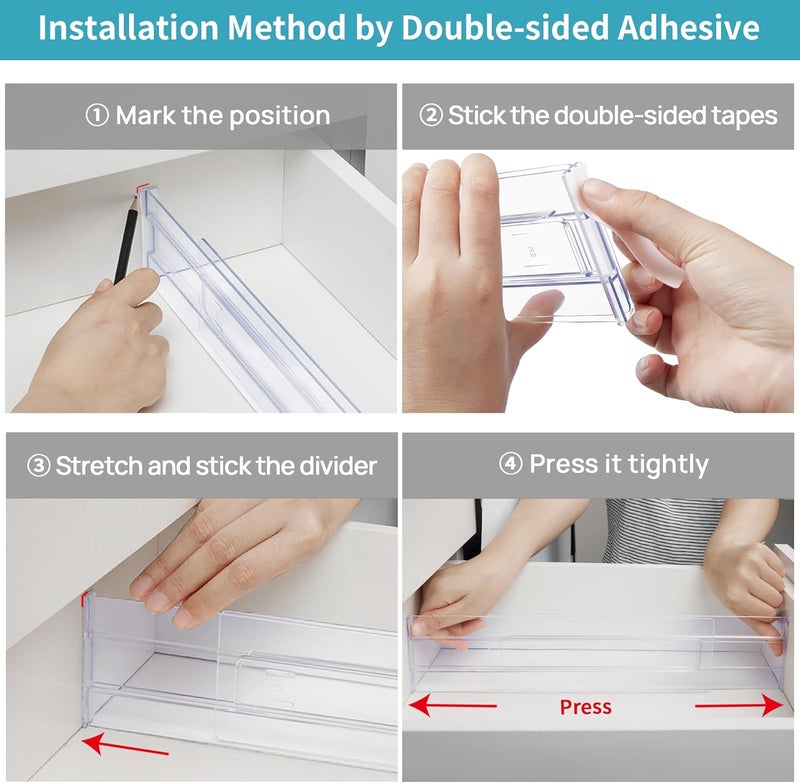 8 Pack Drawer Dividers Organizers, 8cm High,31cm-54.4cm Adjustable Expandable Drawer Organizer, Clear Plastic Separators for Clothing, Underwear, Cosmetic,Installed by Double Sided Tape - Image 3