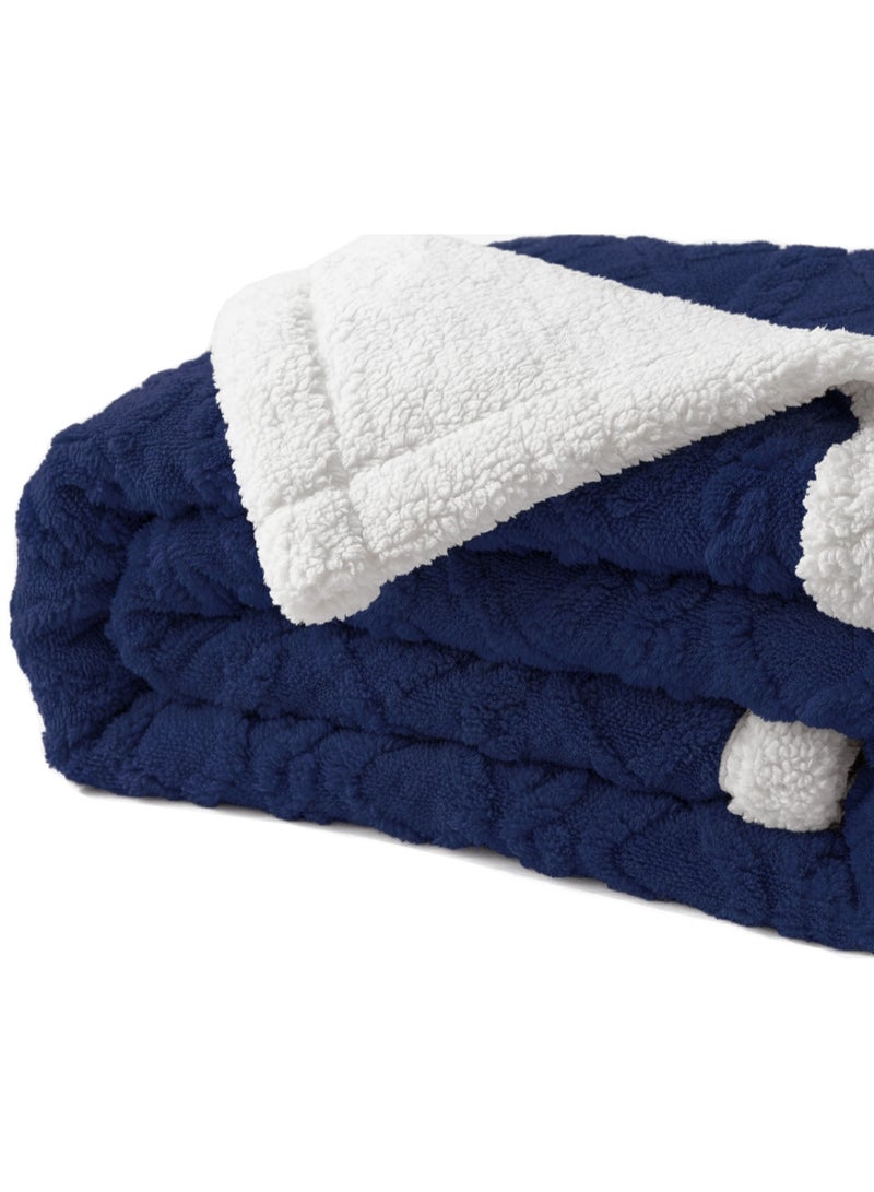Fabienne Warm & Comfy Jacquard Sherpa Blanket Super King Size 220x240cm Faux Fur Bed Blanket  Flannel Fleece Reversible Blanket Super Plush Extra-Large Throw Blanket Navy Blue - Image 1