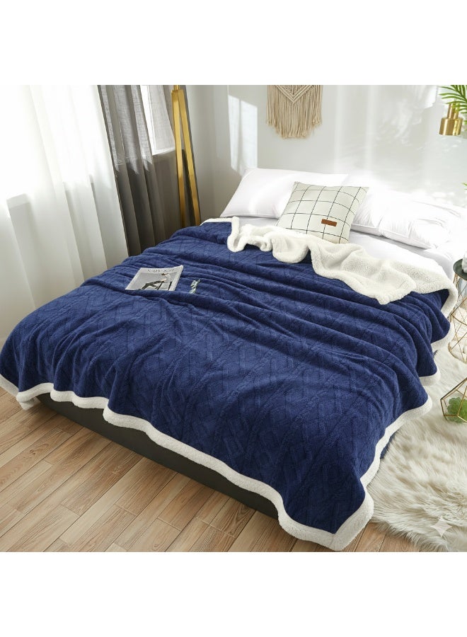 Fabienne Warm & Comfy Jacquard Sherpa Blanket Super King Size 220x240cm Faux Fur Bed Blanket  Flannel Fleece Reversible Blanket Super Plush Extra-Large Throw Blanket Navy Blue - Image 2