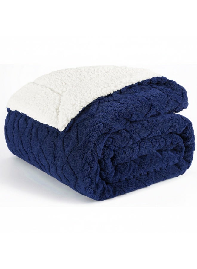Fabienne Warm & Comfy Jacquard Sherpa Blanket Super King Size 220x240cm Faux Fur Bed Blanket  Flannel Fleece Reversible Blanket Super Plush Extra-Large Throw Blanket Navy Blue - Image 4