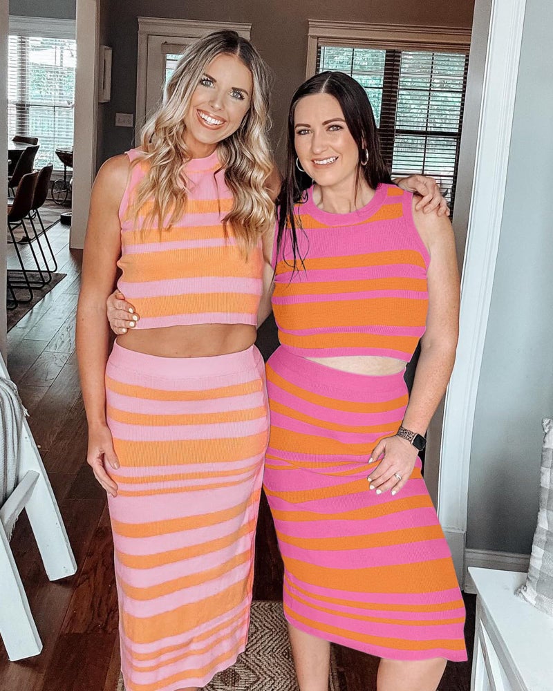 Arach&Cloz Women's 2025 Spring Bodycon Dresses Summer Vacation Beach Outfits Two Piece Sets Tank Top and Midi Skirt Knit Suits (Dark Orange Pink,S) - Image 4