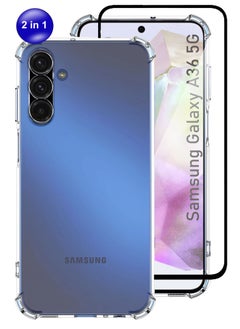 Samsung Galaxy A36 - 2in1 Pack Ultra Clear Flexible Shockproof Silicone Back Cover With Raised Edge Bumps Protection and Tempered Glass Screen Protector