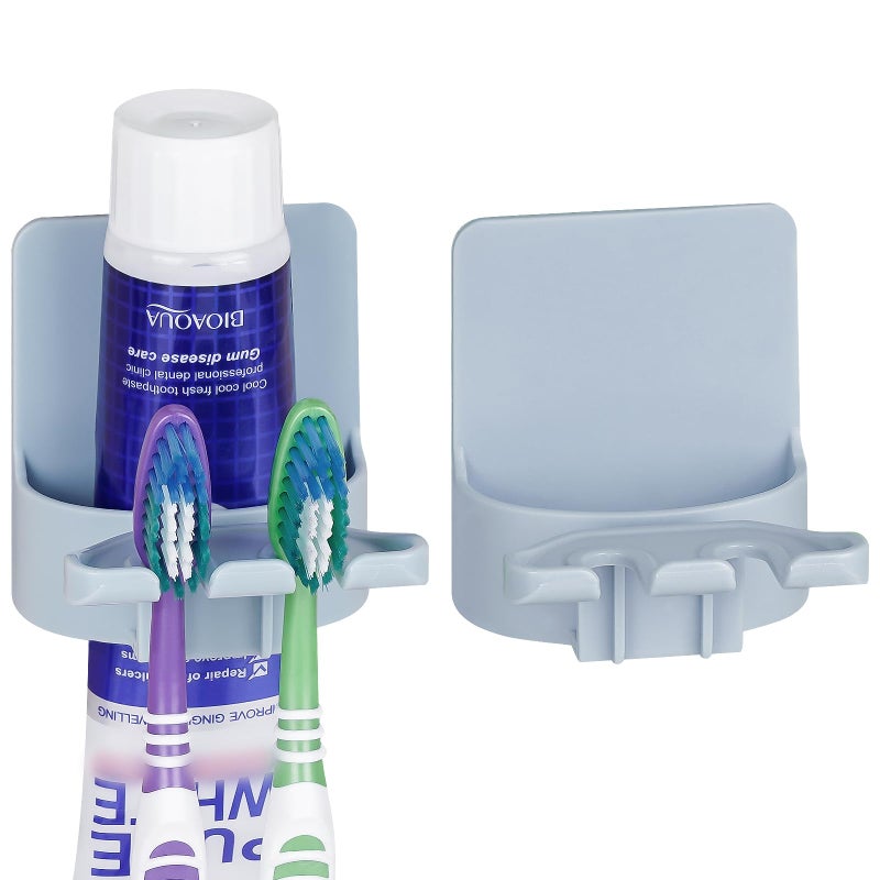 LUEXBOX 2 Pcs Self-Adhesive Toothbrush Holders Wall Mounted  Water Proof Toothbrush Hook  3 In 1 With Toothbrush Hanger Toothpaste Holder And Gargle Cup Holder For Bathroom Shower (Blue) - Image 1