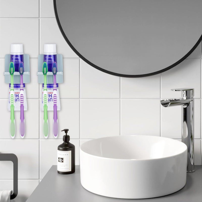 LUEXBOX 2 Pcs Self-Adhesive Toothbrush Holders Wall Mounted  Water Proof Toothbrush Hook  3 In 1 With Toothbrush Hanger Toothpaste Holder And Gargle Cup Holder For Bathroom Shower (Blue) - Image 5
