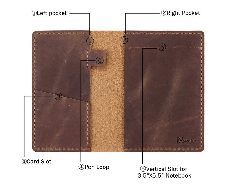 Robrasim Leather Journal Cover for 3.5" x 5.5" Pocket Size Notebook With Pen Loop, Leather Cover Compatible with Rocketbook Notebook Mini Size - Brown - Image 2