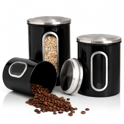 Moss & Stone Moss Stone 3Piece Black Canisters Sets For The Kitchen Airtight Canister Set With See Through Window Storage Jars for Coffee Container Tea Organizer Sugar Canister Black Kitchen Canisters - Image 1