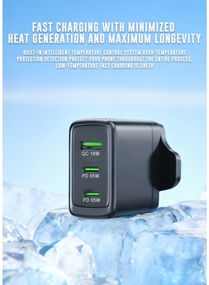 اكس باور شاحن X-POWER XP-T90CCA بقوة 65W GaN، منفذين Type-C ومنفذ USB-A - اسود - Image 2