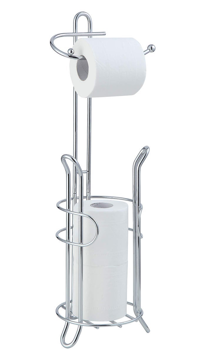 FREESTANDING TOILET PAPER HOLDER WITH STORAGE HOLDS 3 SPARE ROLLS HEAVYDUTY STEEL CHROME FINISH EASY ASSEMBLY SPACESAVING BATHROOM ORGANIZER