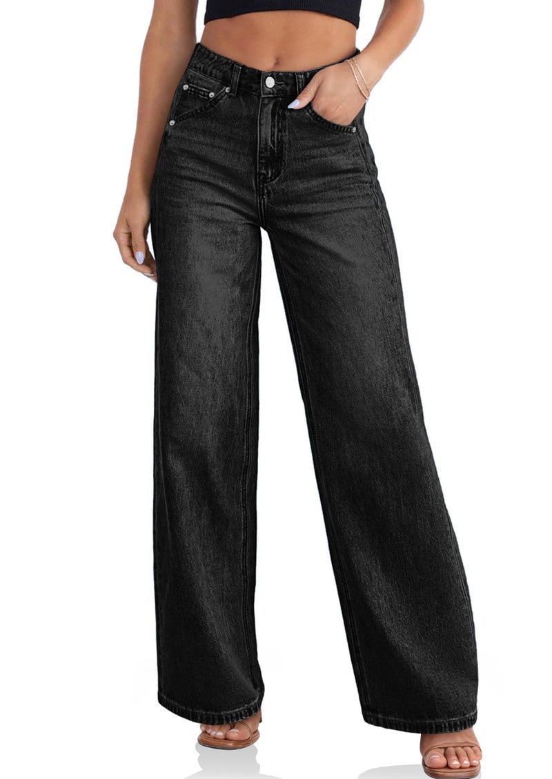 Cicy Bell Womens Wide Leg Baggy Jeans High Waisted Boyfriend Loose Denim Pants with Pockets Black - Image 1