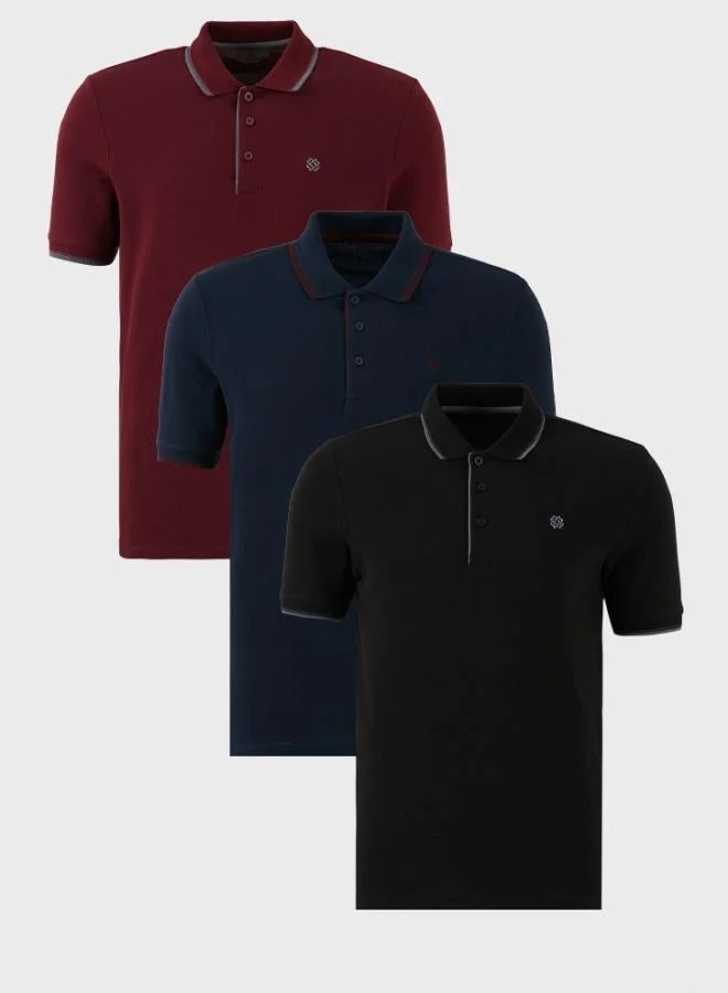 Buratti Buratti Cotton Slim Fit Striped Detail Buttoned Polo Collar 3-Pack Men's T-Shirt 5902118S3