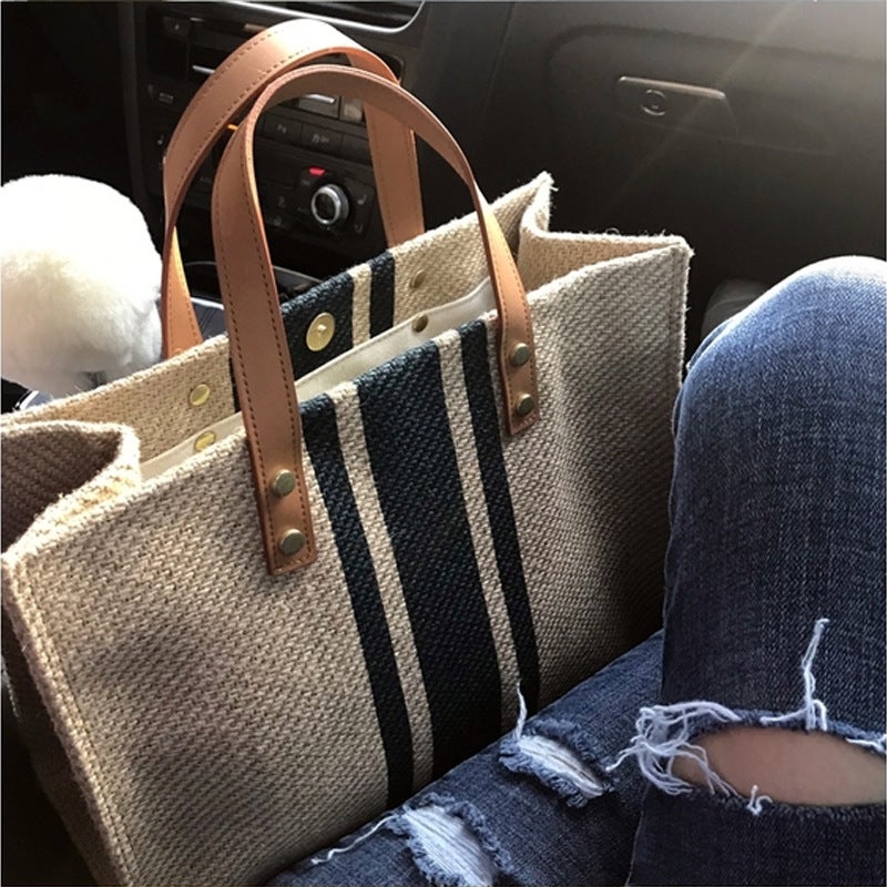 Korean Womens Stripe Tote Briefcase Large Canvas BagBlack Stripe Black Stripe 