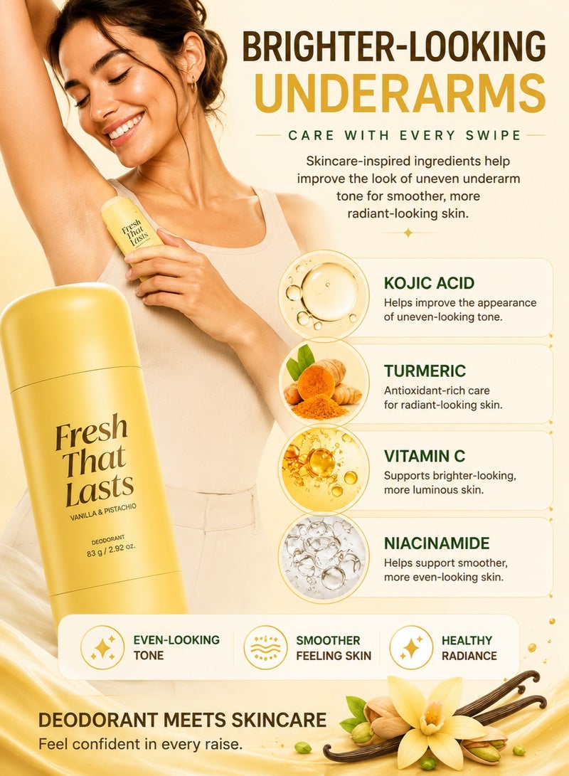 Kojic Acid & Turmeric Aluminum-Free Deodorant | Vanilla & Pistachio Perfumed Stick, All-Day Odor Protection for Women & Men | Underarm Brightening Care | No White Marks, 2.92 oz - Image 3