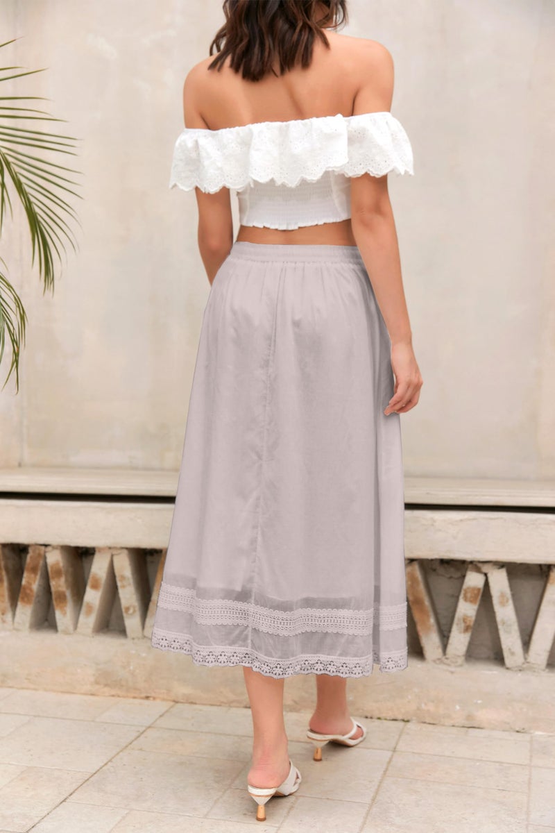 SANGTREE Women's Lace Cotton Linen Skirt Drawstring Waist A Line Beach Flowy Long Skirts, Grey Pink, X-Large - Image 5