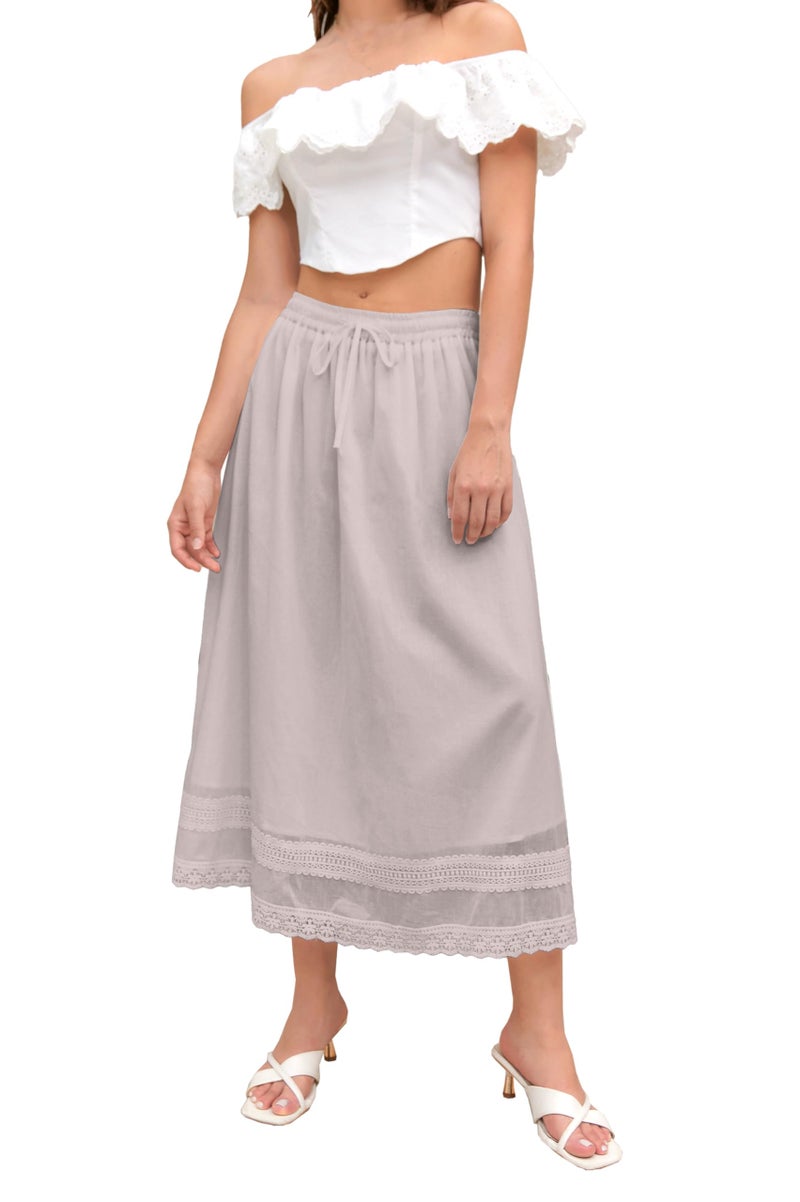 SANGTREE Women's Lace Cotton Linen Skirt Drawstring Waist A Line Beach Flowy Long Skirts, Grey Pink, X-Large - Image 2