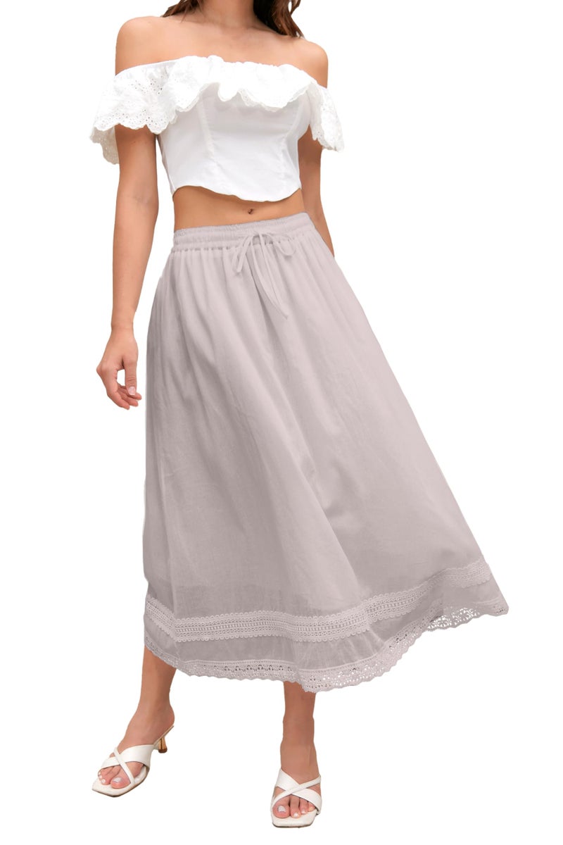 SANGTREE Women's Lace Cotton Linen Skirt Drawstring Waist A Line Beach Flowy Long Skirts, Grey Pink, X-Large - Image 4