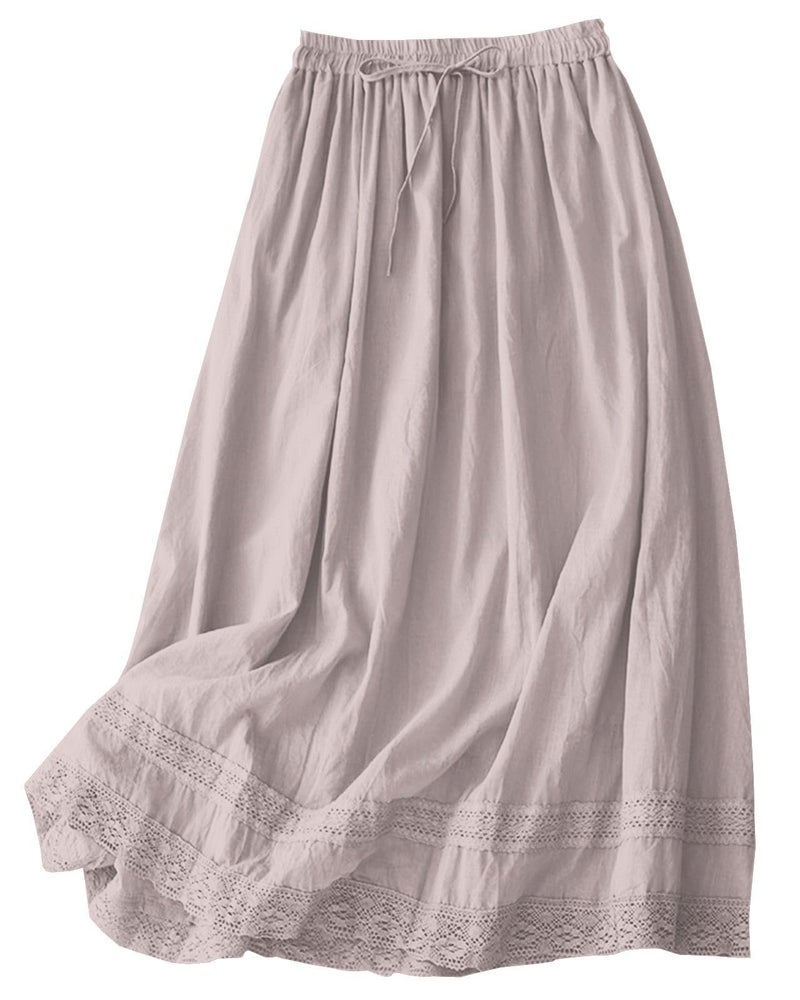 SANGTREE Women's Lace Cotton Linen Skirt Drawstring Waist A Line Beach Flowy Long Skirts, Grey Pink, X-Large - Image 1