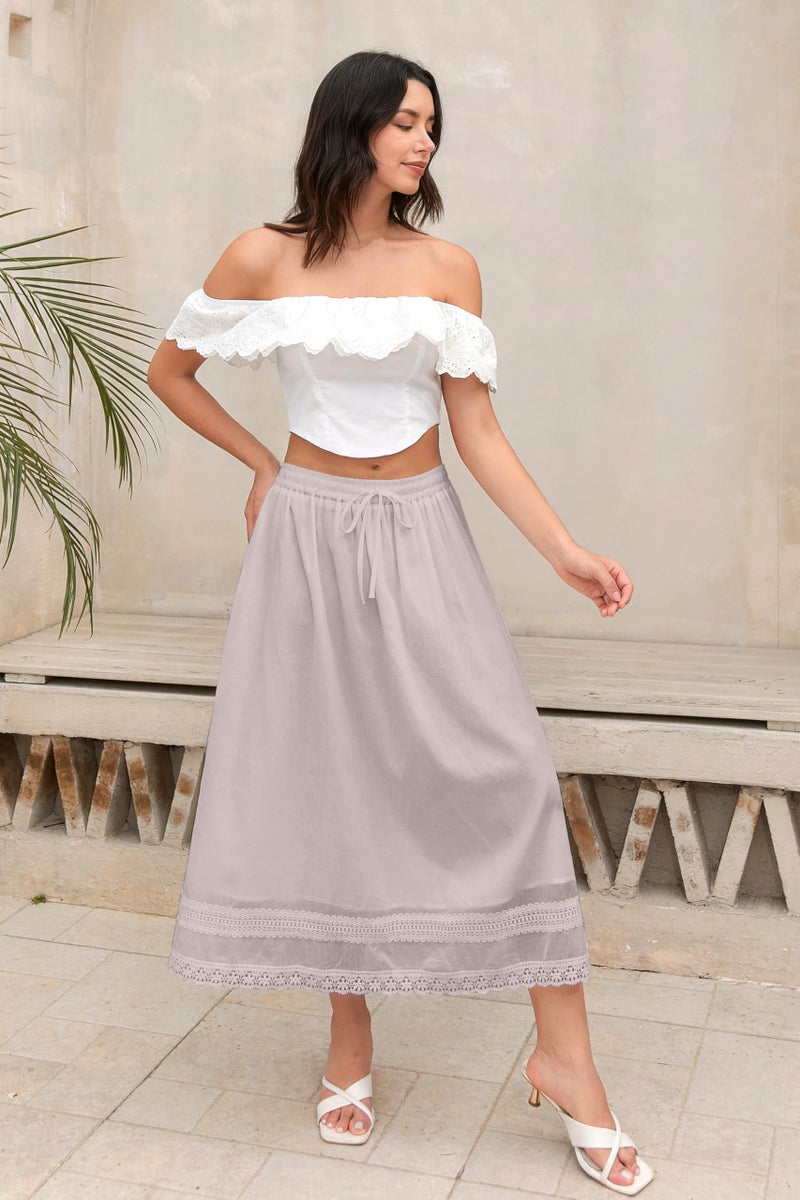 SANGTREE Women's Lace Cotton Linen Skirt Drawstring Waist A Line Beach Flowy Long Skirts, Grey Pink, X-Large - Image 3