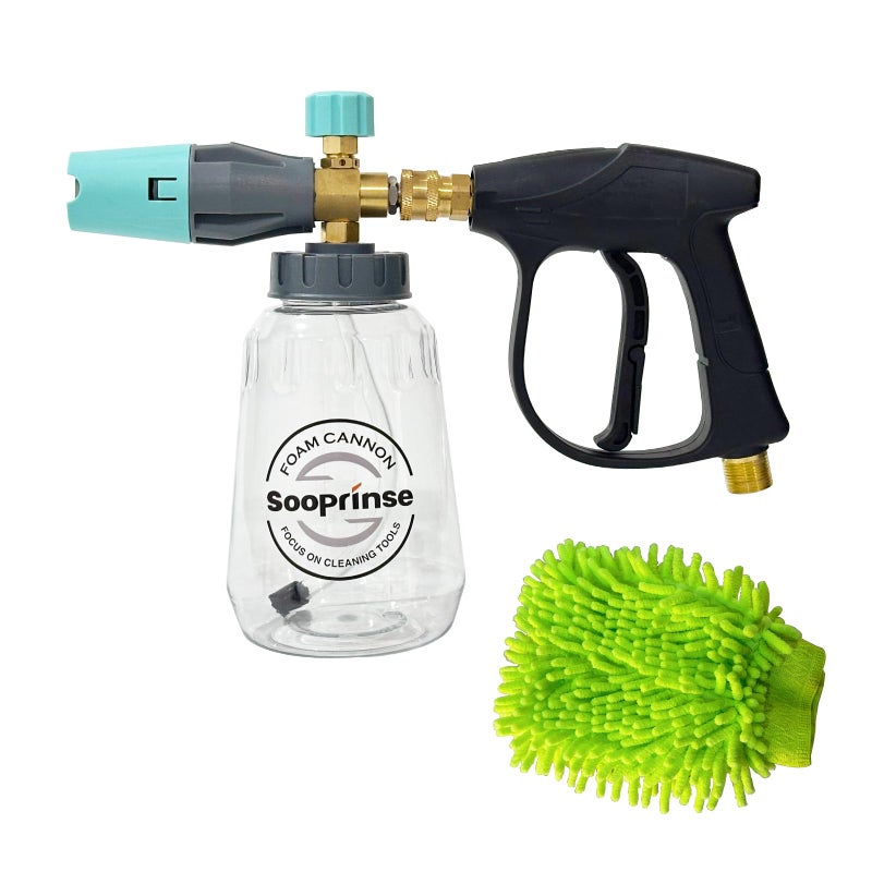 Sooprinse Short Pressure Washer Gun With Foam Cannon, High Pressure Snow Foam Lance, 1/4 Inch Quick Connector, Power Washer Blaster, Car Wash Mitt, 3000 PSI, 1 Liter - Image 1