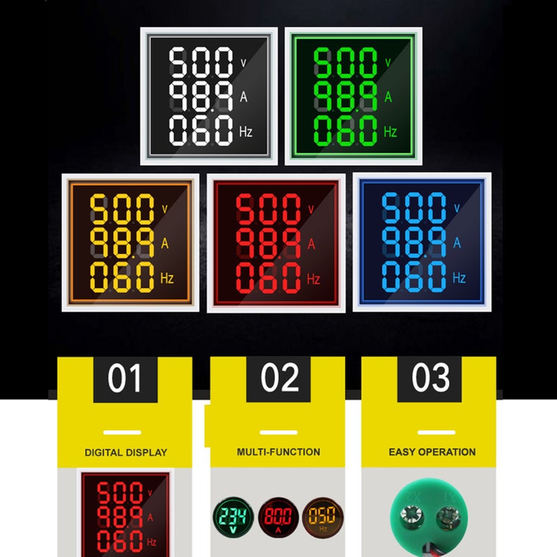 Three-Digit Display AC Current Voltage Frequency 3-in-1 Indicator 22mm Square Head LED Multi-Function Measuring Instrument Monitor AC60-500V 0-100A 20-75Hz - Image 3