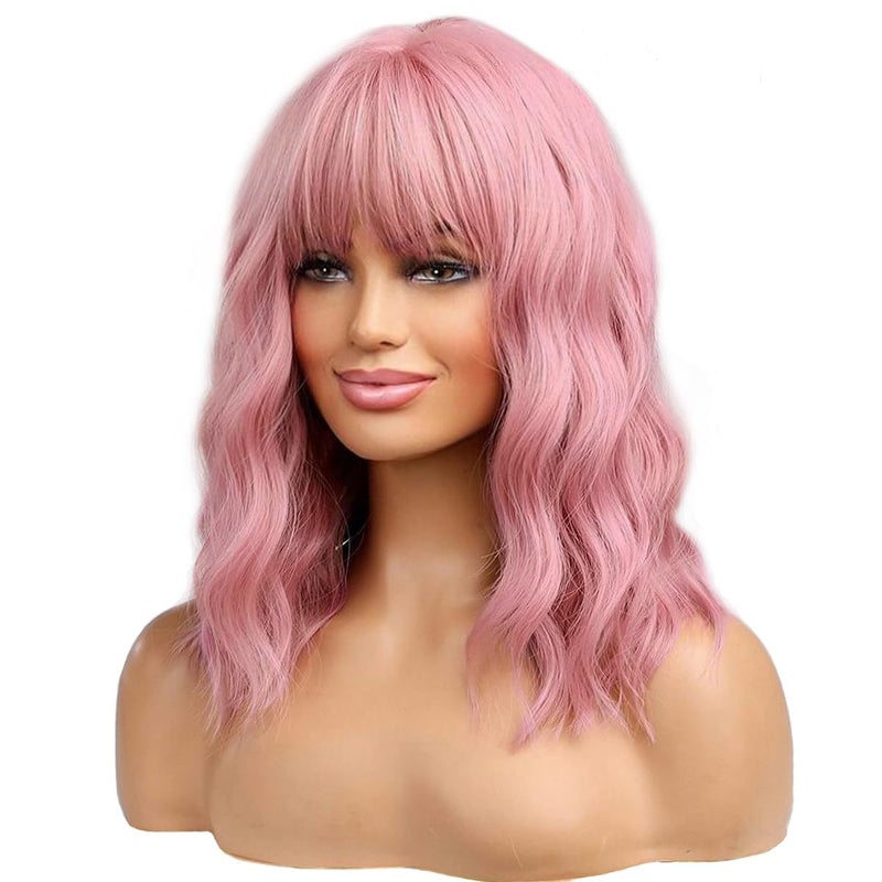 BERON 14 Inches Pink Wig for Women Girls Short Curly Synthetic Wig with Bangs Lovely Pink - Image 1