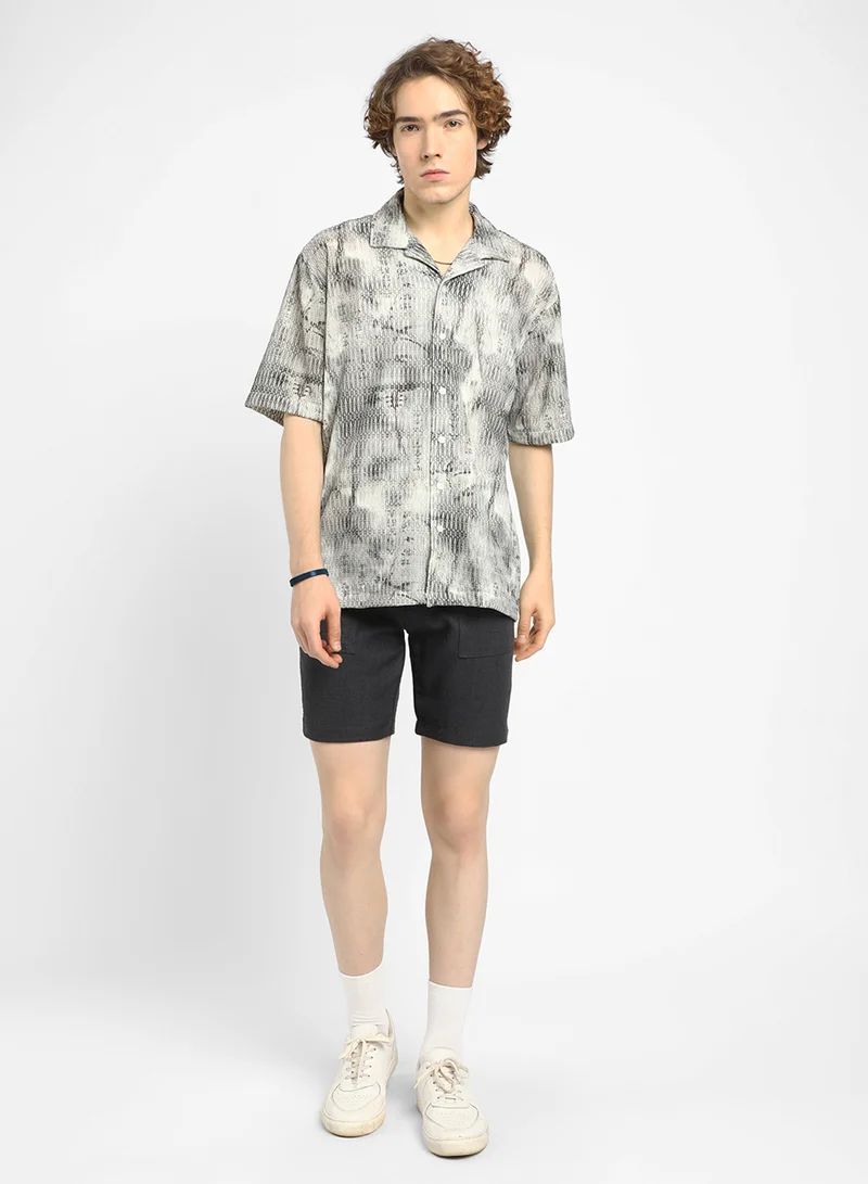Campus Sutra Men's Charcoal Black & Ivory White Faded Woven Oversized Shirt