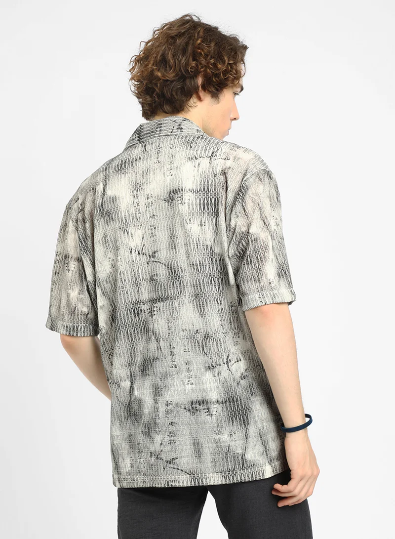 Campus Sutra Men's Charcoal Black & Ivory White Faded Woven Oversized Shirt