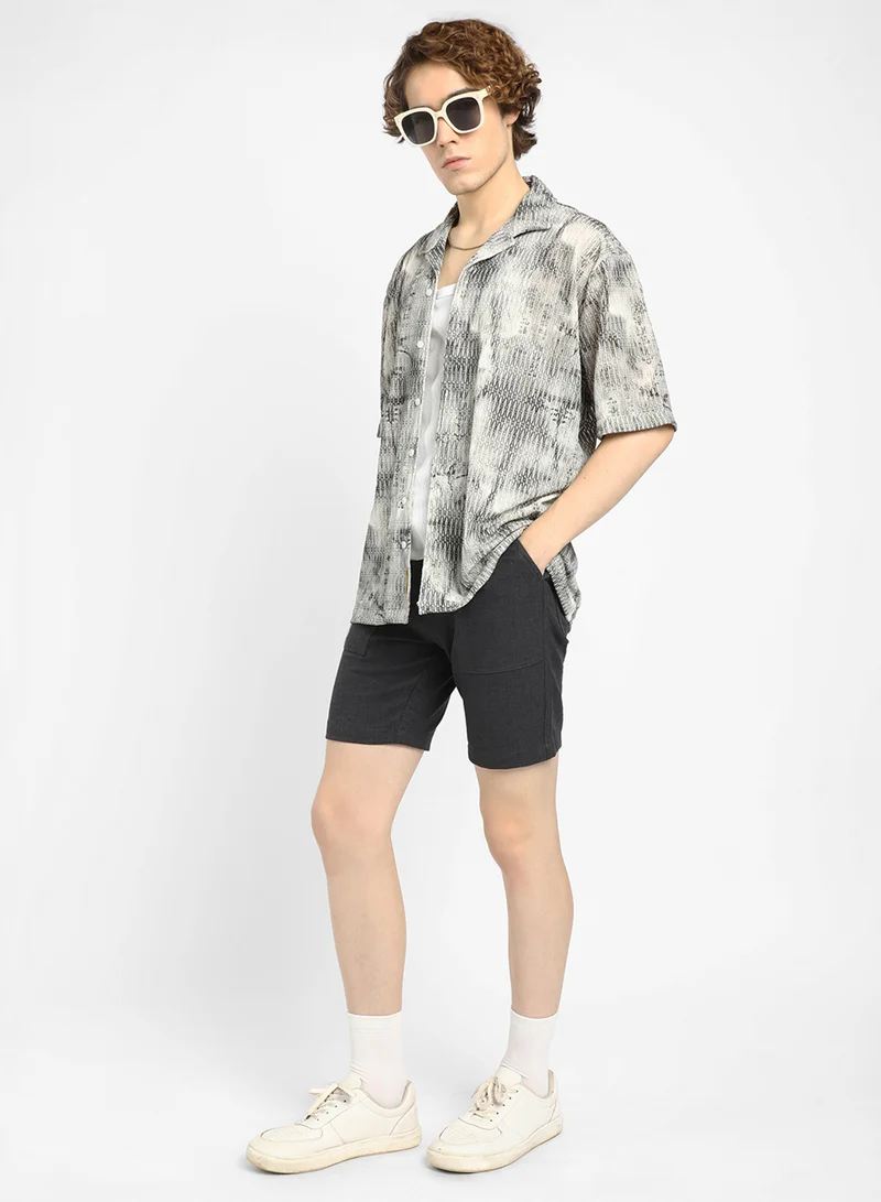 Campus Sutra Men's Charcoal Black & Ivory White Faded Woven Oversized Shirt