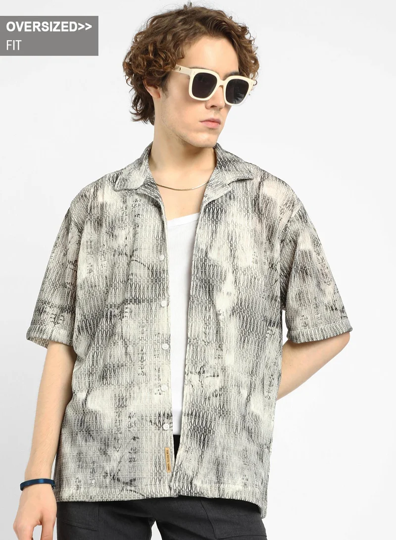 Campus Sutra Men's Charcoal Black & Ivory White Faded Woven Oversized Shirt