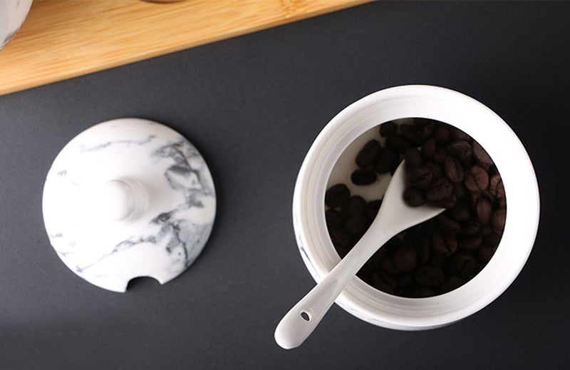 123Arts Ceramics Marbling Sugar Salt Pepper Storage Jar Seasoning Pot with Lid And Spoon - Image 4