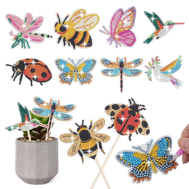 SWATOM 10PCS Diamond Art Kits for Adults for Garden Decor with Butterfly Hummingbird Ladybug Bee Dragonfly Stakes Diamond Painting Dotz Ornaments Kits for Indoor Outdoor Yard Decoration Crafts